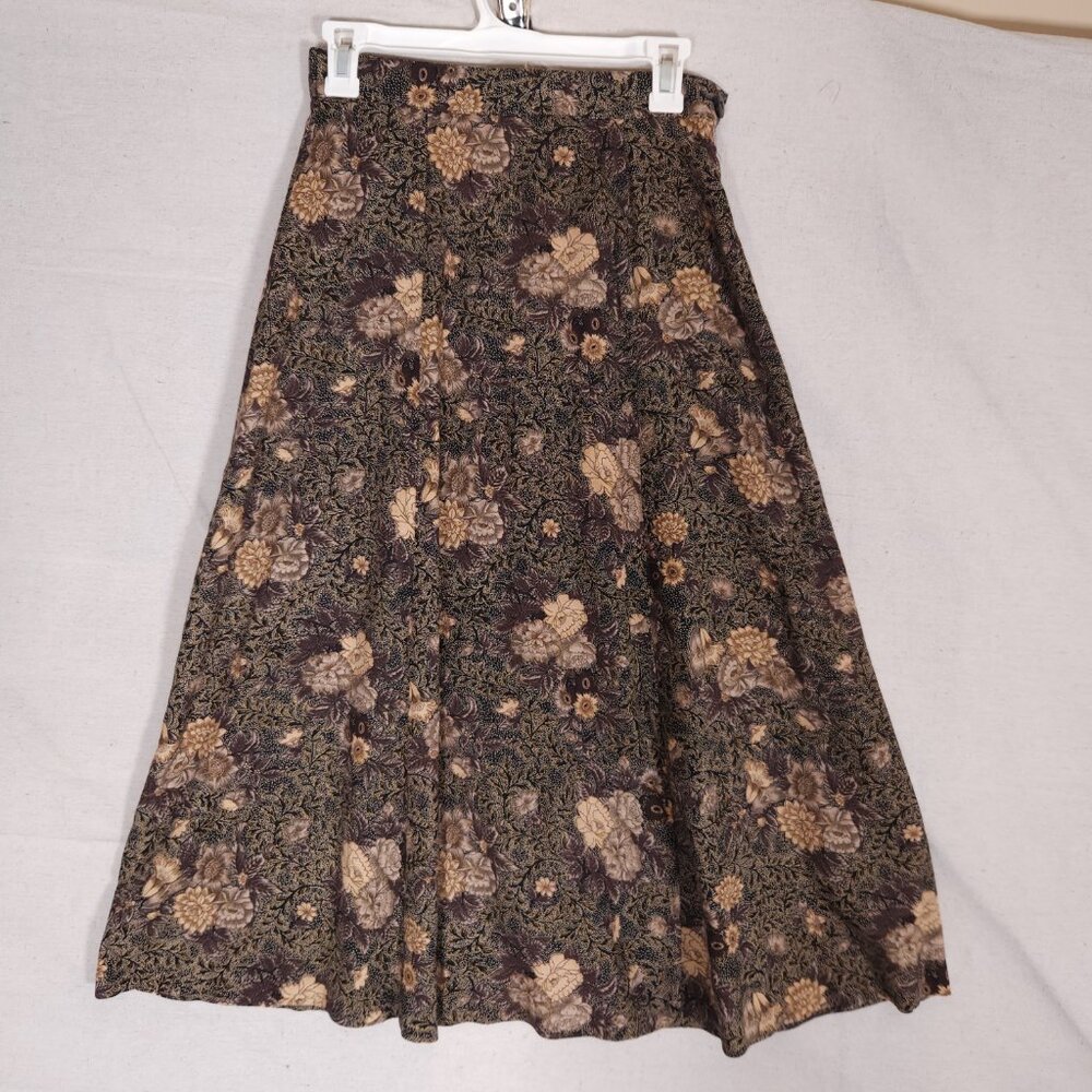 Vintage Worthington Womens Floral Skirt 8P Rayon Brown Gold Cottagecore USA